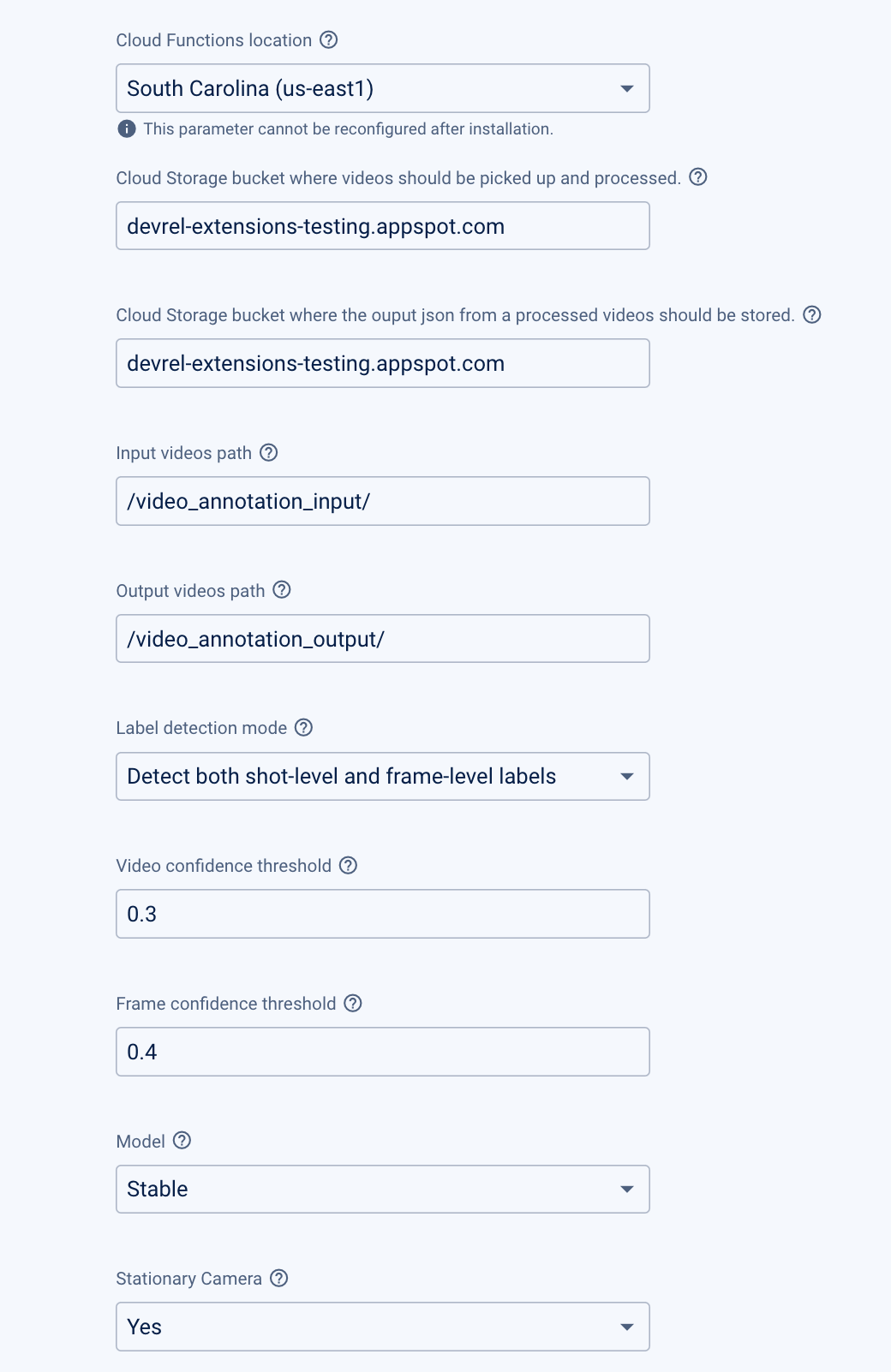 Video label firebase extensions configuration parameters  