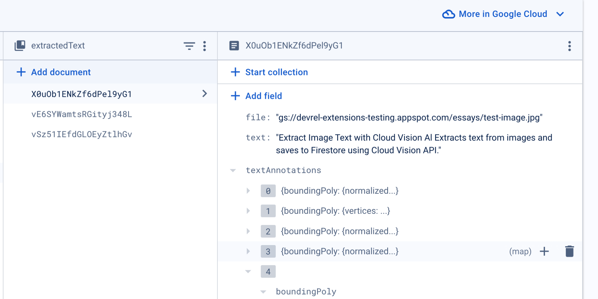 Firestore documents overview with advanced mode