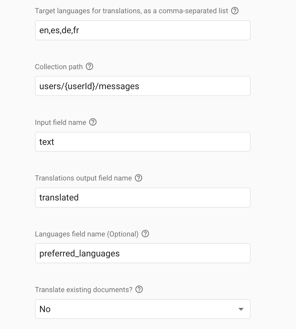 Translate text in Firestore Firebase Extensions parameters