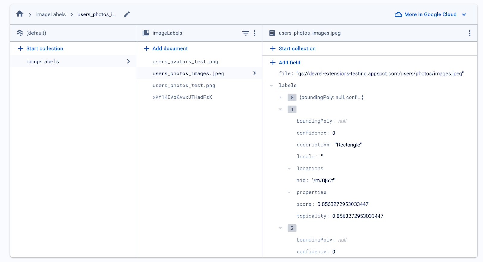 Firestore preview of advanced result of image labeling with Firebase extensions 