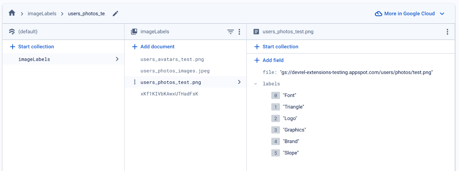 Firestore preview of basic result of image labeling with Firebase extensions