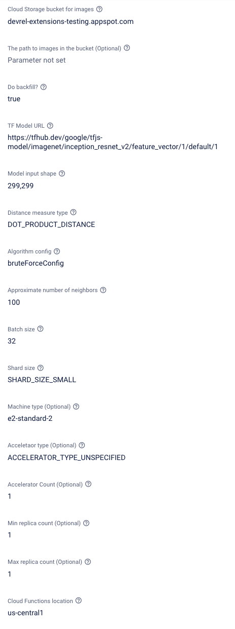 Reverse Image Search with Vertex AI firebase extensions configuration parameters 