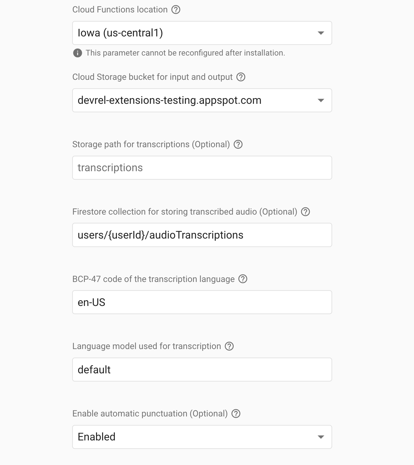 Install Transcribe speech to text via Firebase console