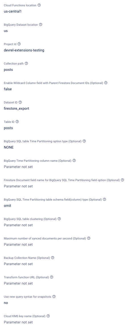 Stream Firestore to BigQuery firebase extensions configuration parameters 